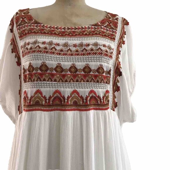 Free People Ivory Red Geometric Embroidered Boho SleevelessTunic Dress - M - Picture 2 of 10
